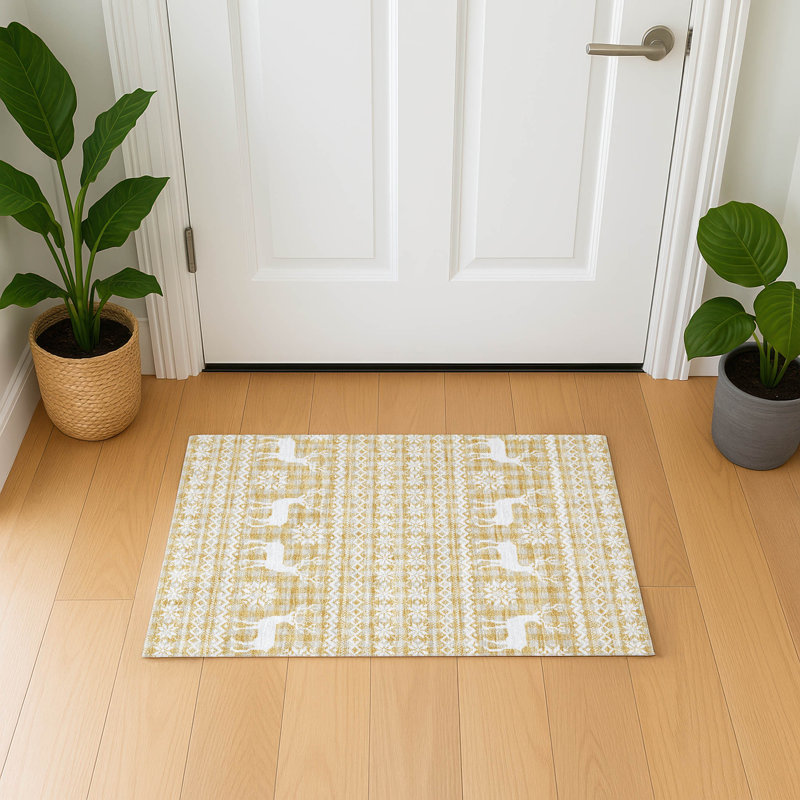 Premium Machine Washable Dockside AMF1820 Reindeers and Snowflakes Rug, Rectangle 1'8" x 2'6"