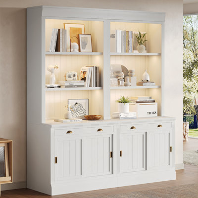 83.4"Tall Bookshelf Suite With LED Lighting, Modern Bookcase Suite With Sliding Doors,Drawers And Open Shelves,Storage Bookshelf For Living Room,Home Office,White