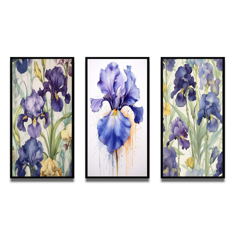 Impression d'art mauve et vert mauve d'Iris II - ensemble de 3 fleurs, H 32 po x l 48 po, Cadre flottant noir