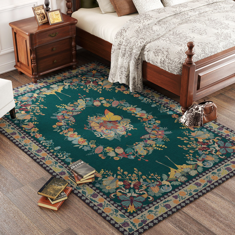6x9 ft Butterfly Rug for Living Room, Low Pile Throw Rugs with Rubber Backing Washable Non Slip Modern Large Area Rug for Bedroom Dining Room, Dark Green