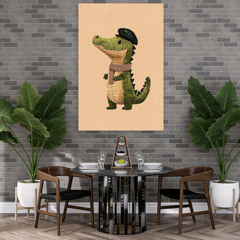 Cute Dapper Crocodile Playful Whimsical Contemporary Alligator Crocodile Wall Art Print by Mathieu - Wrapped Canvas Print