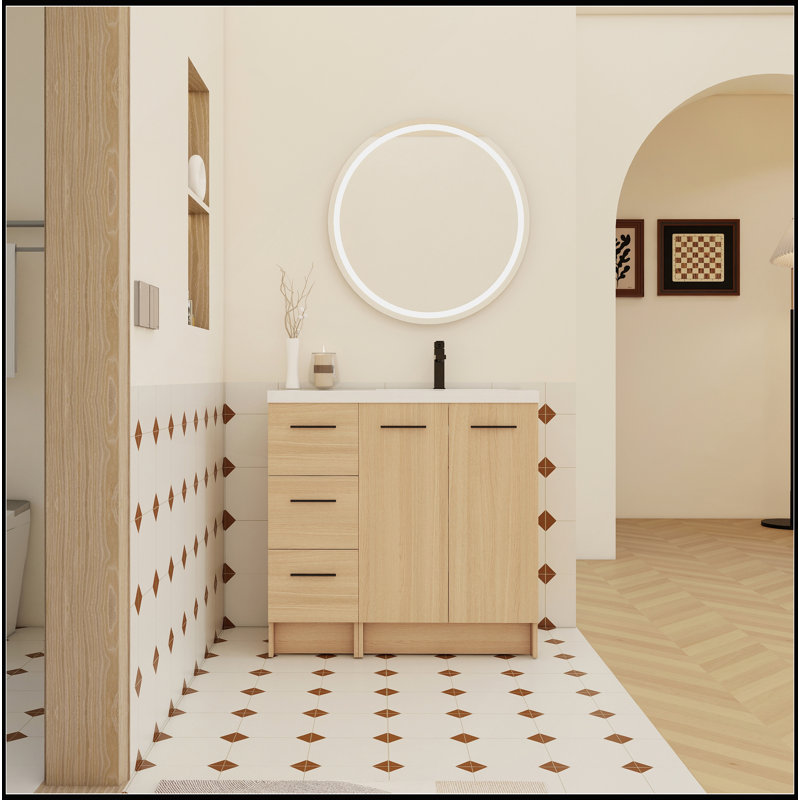 Meuble-lavabo autoportant modulaire de 36 po avec lavabo en résine, chêne clair, rangement spacieux et conception durable