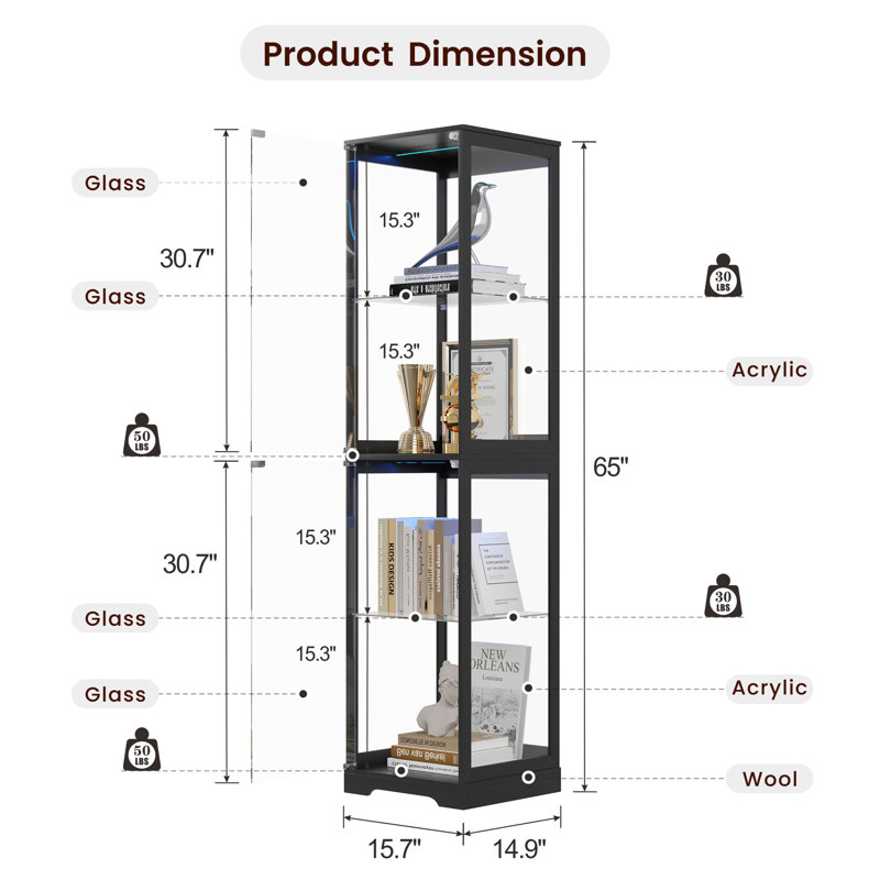 65'' H Clear Display Cabinet with Human Body Sensing Intelligent LED Light, Black