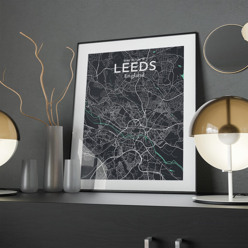 Carte de la ville de Leeds, impression, Vert / gris, H 24 po x l 18 po