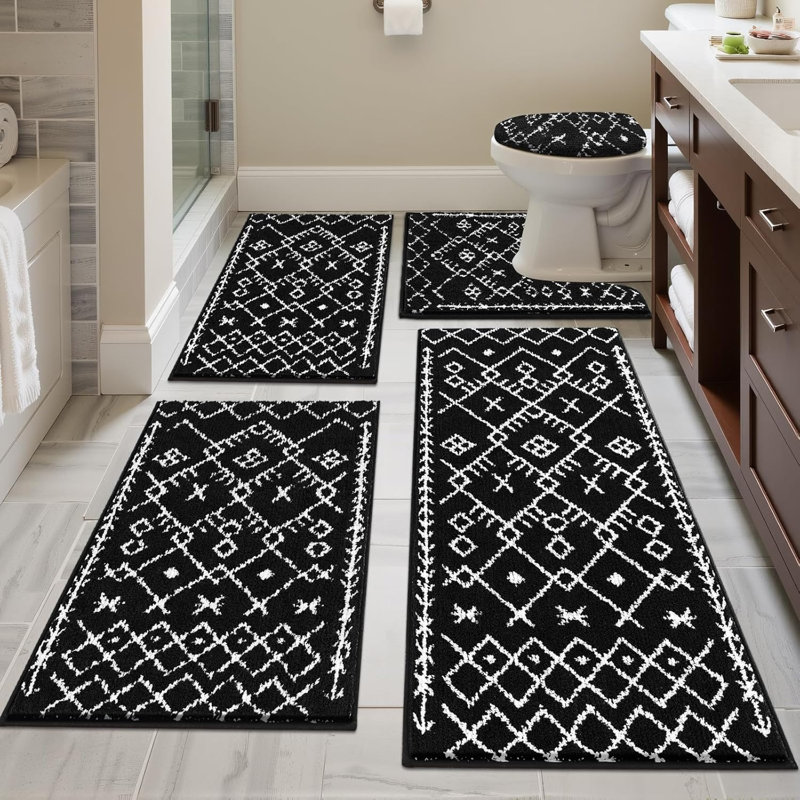 Absorbent Bath Rug Bathroom Mat (Set of 5), Black