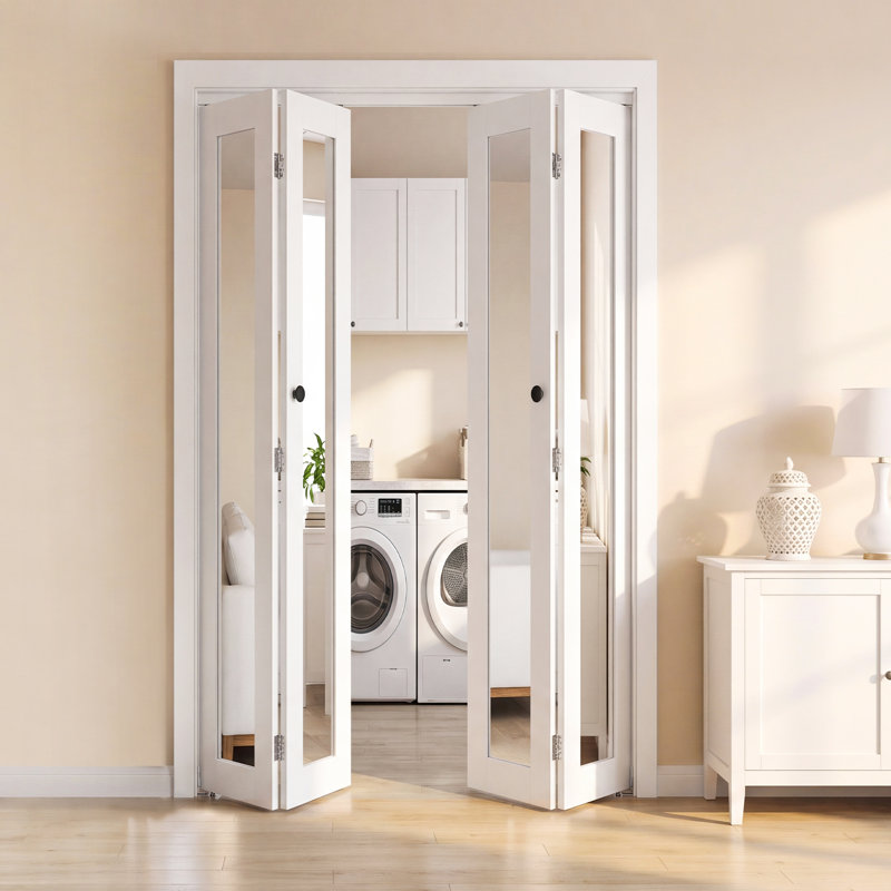 Bifold Closet Door 4-Panel, 48" (Four 12") x 80", Full-Length Mirrored Bifold Barn Door with Metal Hardware Kit & Sturdy Composite Frame, Modern Stylish & Space-Saving for Closets Bedrooms