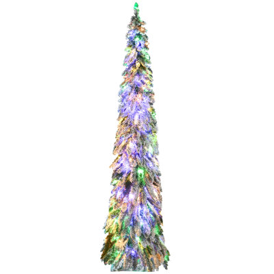 7Ft Tall Prelit Pencil Artificial Christmas Tree Holiday Décor With 534 Snow Flocked Branches, 350 Warm White Or Colorful LED Lights, Downswept Shape