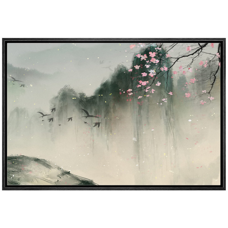 Paysage abstrait «Montagnes printanières avec oiseaux et fleurs de cerisier» sur, Cadre noir, H 16 po x l 24 po
