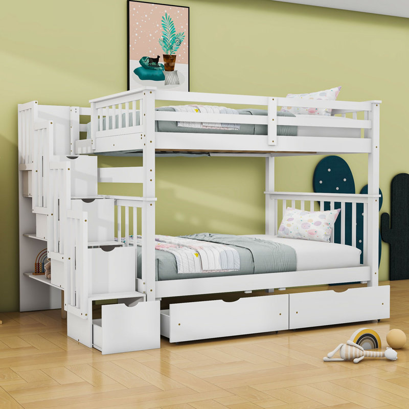6 Drawers Full Over Full Bunk Bed With Storage Staircase, White