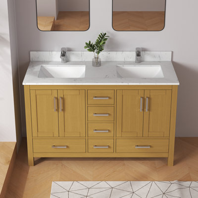 Meuble-lavabo double autoportant Felix de 55 po avec comptoir en marbre et dosseret entièrement assemblés