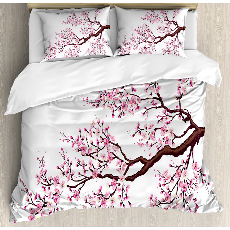 Japanese Eclectic Polyester Floral Duvet Cover, Queen