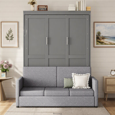 Grand lit escamotable mural avec coussin, gris