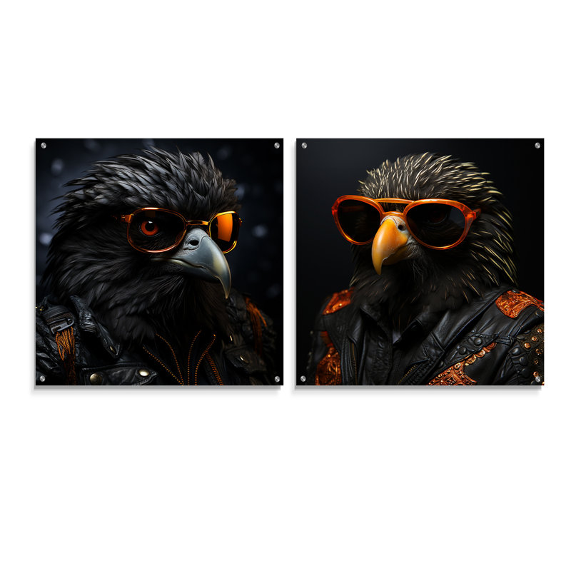 Cool Black Bird Noir Aviators - Ensemble de 2 verres muraux en acrylique, H 16 po x l 33 po