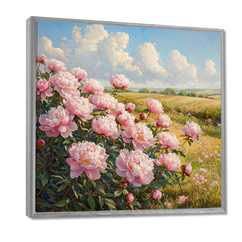 Pivoines à la ferme, bord III - pivoines, art mural, Impression encadrée flottante, Argent argent, H 30 po x l 30 po