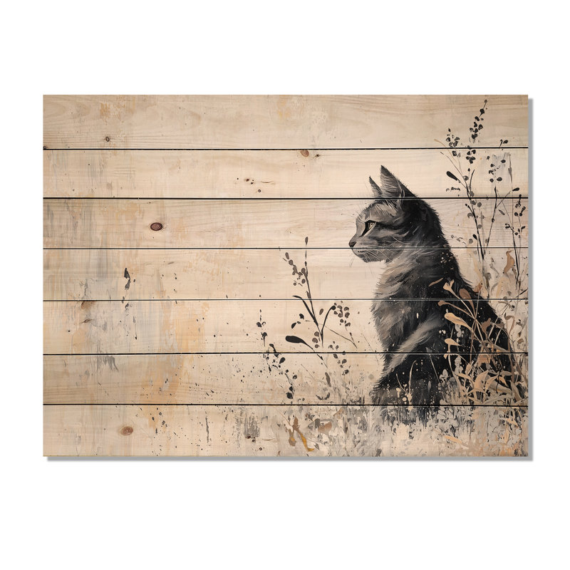 Minimal Meadow Cat - art mural moderne en bois sur bois de pin naturel, H 30 po x l 40 po