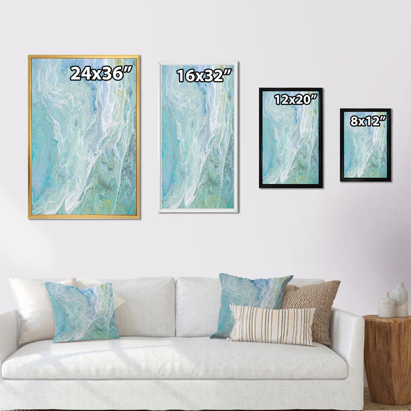 Nuances de turquoise et de blanc - reproduction d'art sur toile, H 32 po x l 16 po x P 1 po, Cadre flottant doré