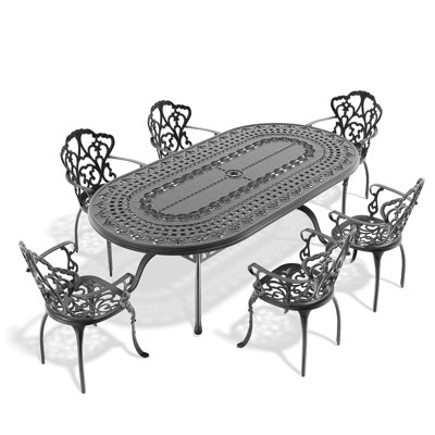 Table et chaises de patio en fonte d'aluminium avec coussins - dossier noir avec accoudoirs