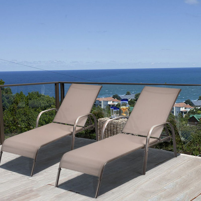 2 Pieces Outdoor Patio Lounge Chair Chaise Fabric With Adjustable Reclining Armrest, Brown