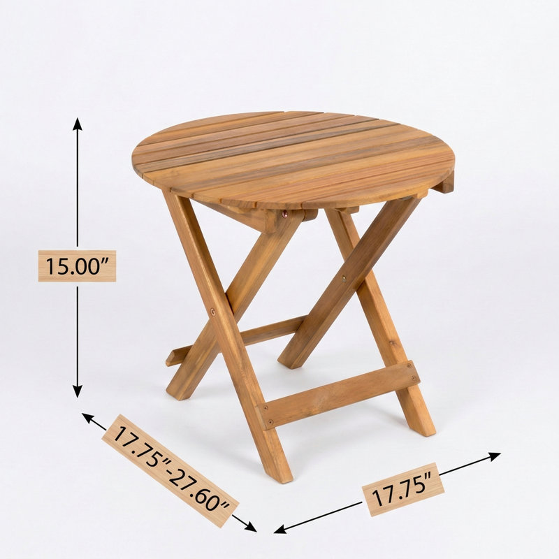 Table d'appoint d'extérieur en bois d'acacia avec une finition en teck. Comprend une conception pliable et réglable. Ne nécessite aucune installation.