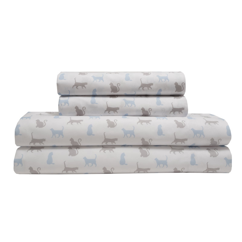 King Blue Cotton Polyester Microfiber Cat Silhouette Sheet Set