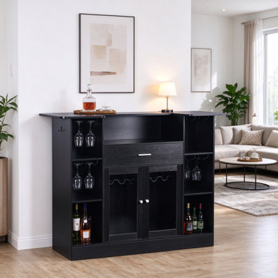 Armoire de bar 59,06 "avec éclairage à DEL, porte-verres à vin, porte-bouteilles, tiroir et tablettes de rangement, unité de bar en bois et en métal pour cuisine, salon, sous-sol, noir