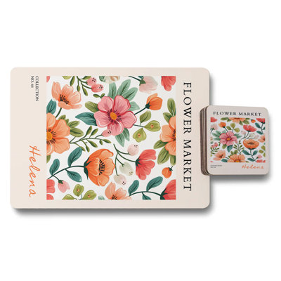Helena Flower Market Placemat Coaster Set Flower Market Collection Wood Base Exclusive Edition