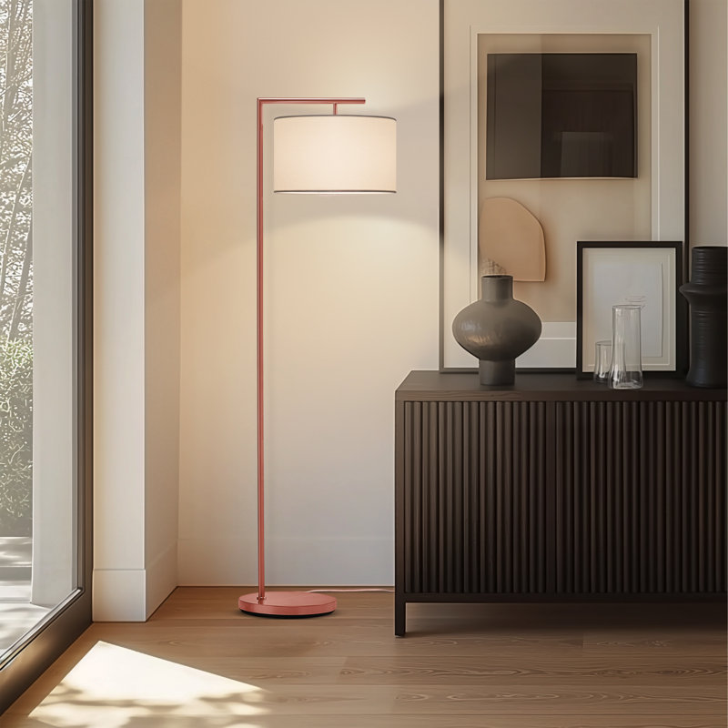 Lampe sur pied à DEL 60 po avec abat-jour tambour en tissu blanc Montage Modern, ampoule incluse, Or rose, Blanc