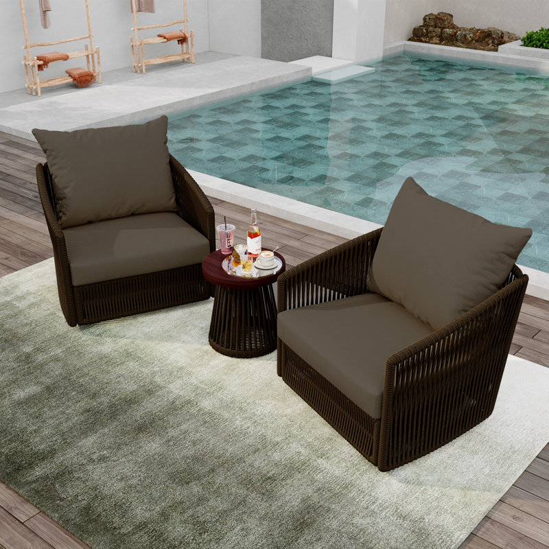 Ensemble de chaise de patio pivotante avec coussins et table de bout, Café, Café