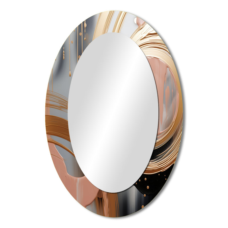 Abstract Gold And Pink Liquid Ink Circles V - Modern Oval Wall Mirror, 36" x 24"