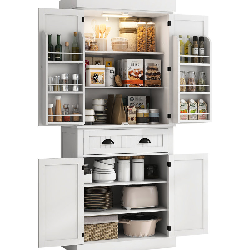 Armoire de cuisine 71 po avec capteur de mouvement, armoire de rangement haute avec 6 portes, un tiroir et 4 tablettes réglables, pour le salon, la salle à manger, blanc