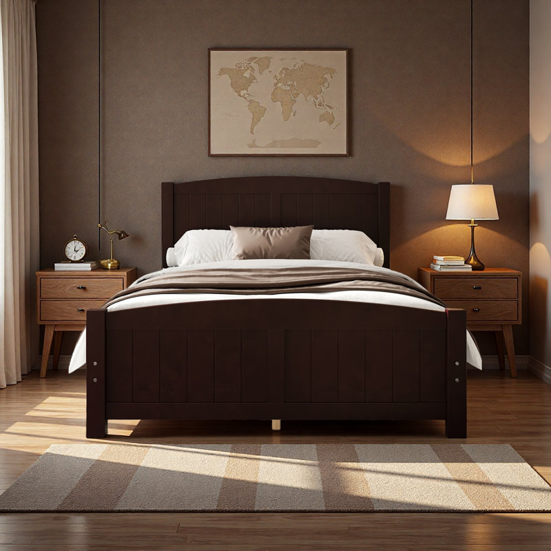 Lit plateforme, lit plateforme en bois massif avec lattes de soutien et structure solide, aucun sommier nécessaire, Espresso