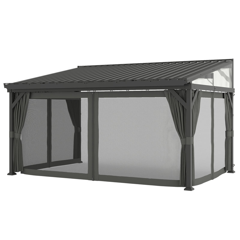 Outsunny 4.3x3 m Lean to Garden Pergola w/Galvanised Steel Roof, Dark Grey