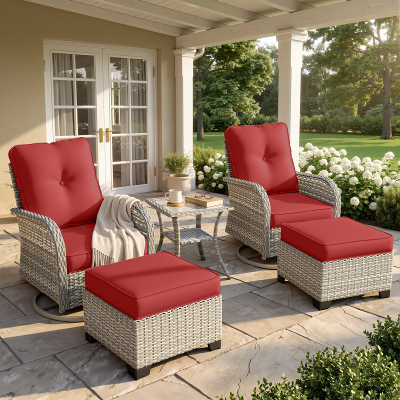 Ensemble de chaises pivotantes d'extérieur 5 pièces avec coussins, repose-pieds et table d'appoint, Rouge