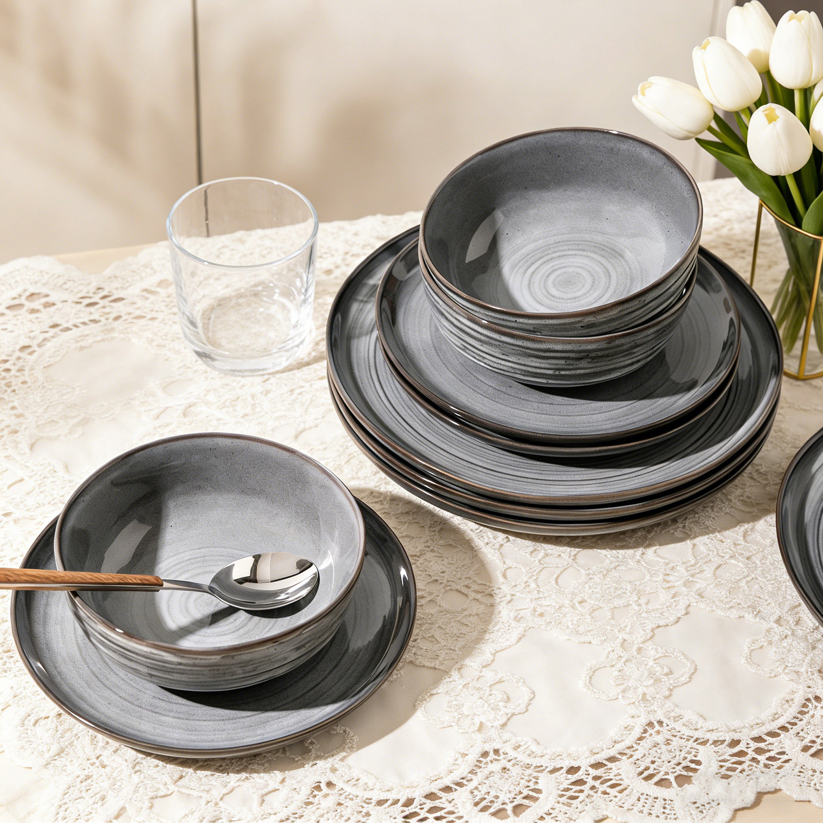  12 Piece Stoneware Dinnerware Sets, Service for 4, Dark Gray