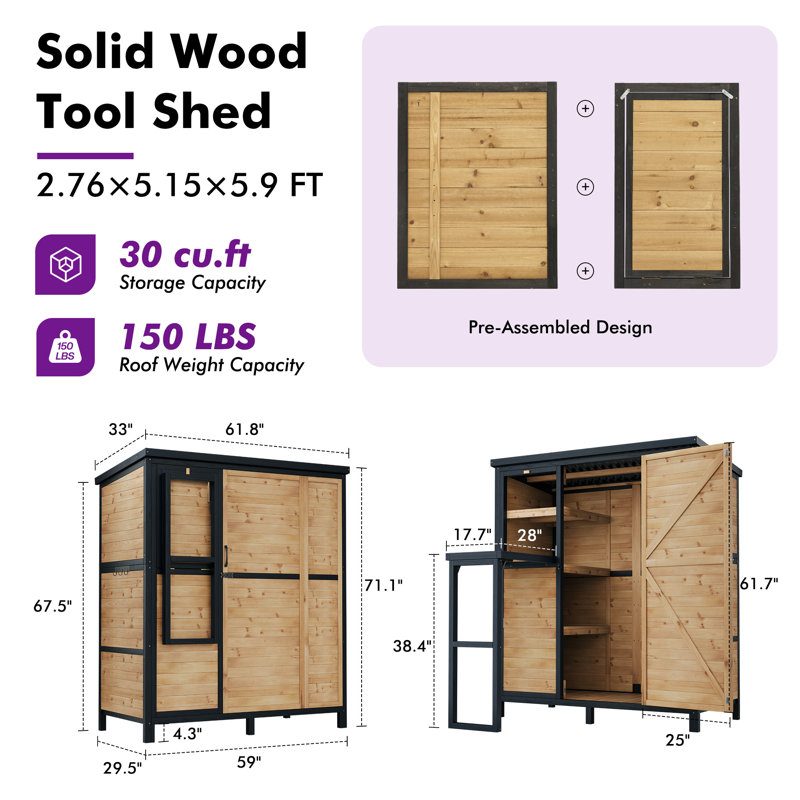 Outdoor Wooden Tool Shed with Locking Door and Interior Shelves, 2.76*5.15*5.9FT
