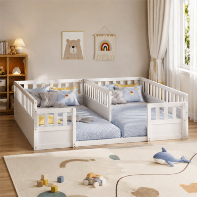 White Twin Plus Twin Double Floor Bed with Semi Enclosed Guardrails Open Entrance Pine Wood Frame 250 LBS Capacity Per Bed Easy to Assemble for Kids Bedroom and Shared Room