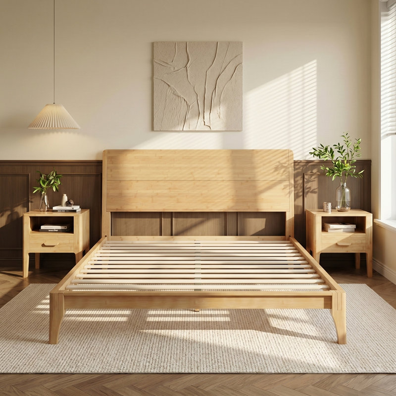 Mid-Century Modern 12 Inch Bamboo Wood Platform Bed with Wood Slat Support, No Box Spring Needed, Easy Assembly, Queen