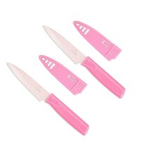 Chrome Club Stainless Steel Pink Knife Set with Block - 7 Piece Pink Kitchen Knife Set with Durable Clear Knife Block and Sharpener - Vibrant Pink