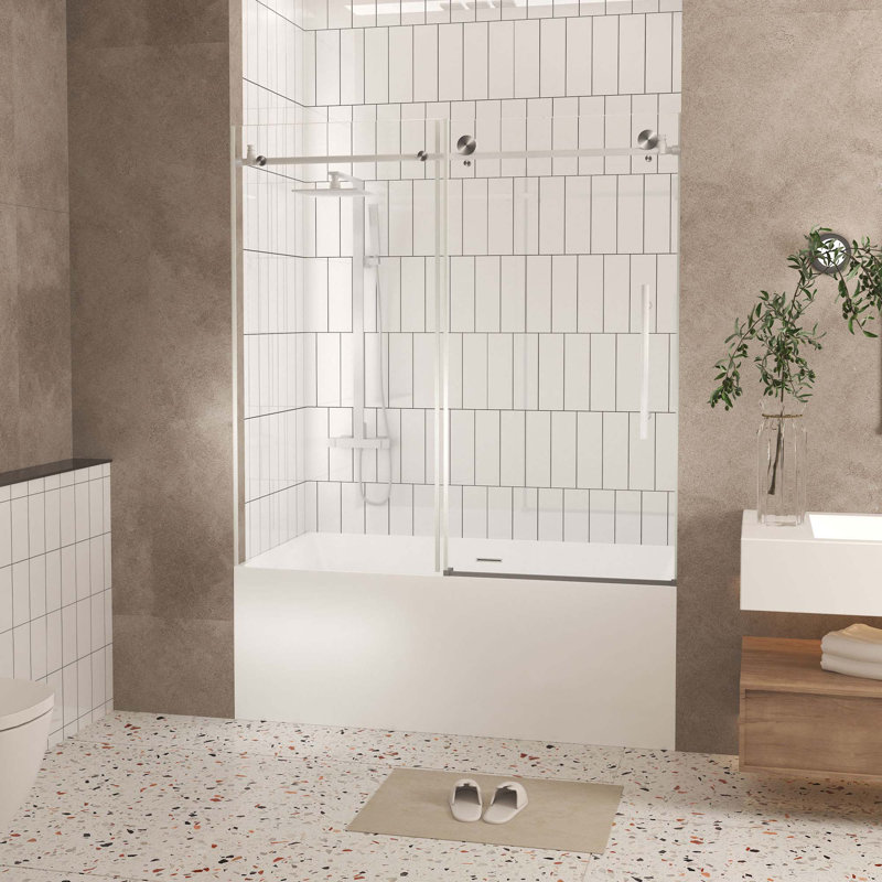 Frameless Shower Door 56-60 "W X 60" H, 1/4 "(6 Mm) Clear Tempered Glass, Explosion Proof Film, Stainless Steel Handle