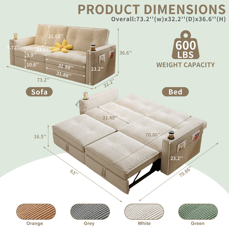 73.20'' Modern 2-in-1 Multi-functional Corduroy Sofa Bed, White