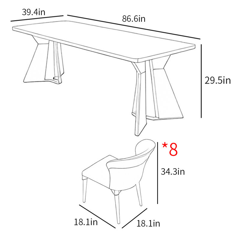 Ensemble de table de salle à manger de luxe italien moderne et lumineux, H 29,5 po x L 86,6 po x l 39,4 po