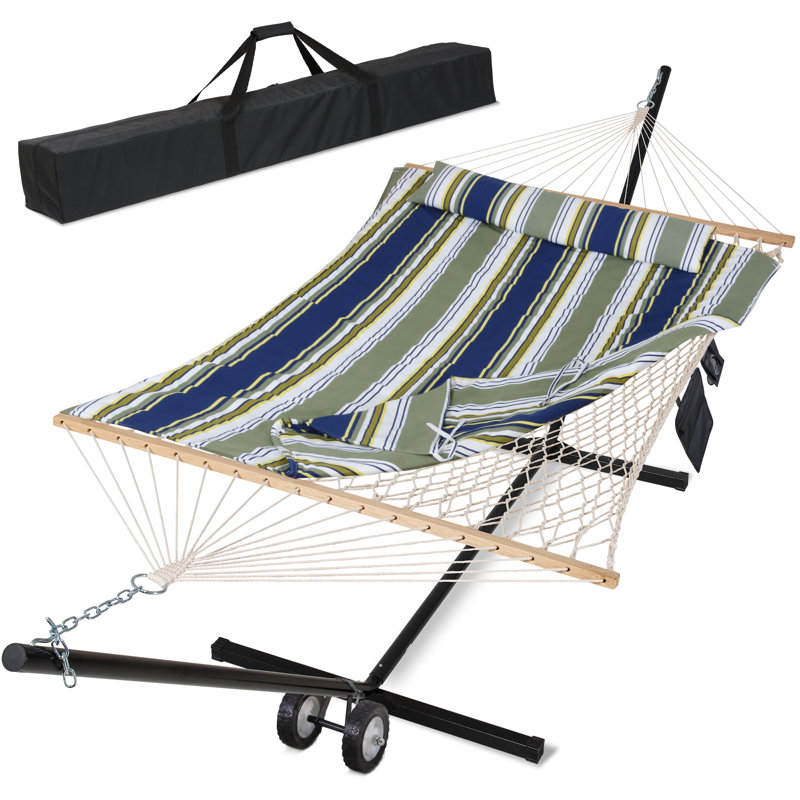 Hamac double avec barre et support en tissu matelassé Mejias, Blue/Sage Striped