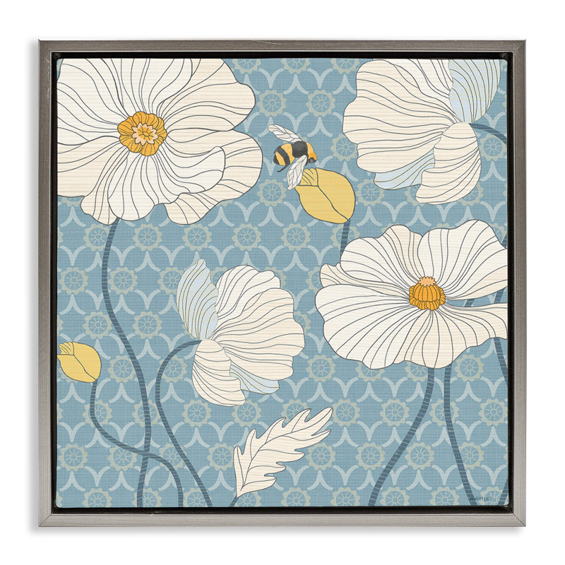"Wild Poppies & Bee", art mural sur toile flottante par Levison Design, Cadre flottant gris lustré, H 18 po x l 18 po