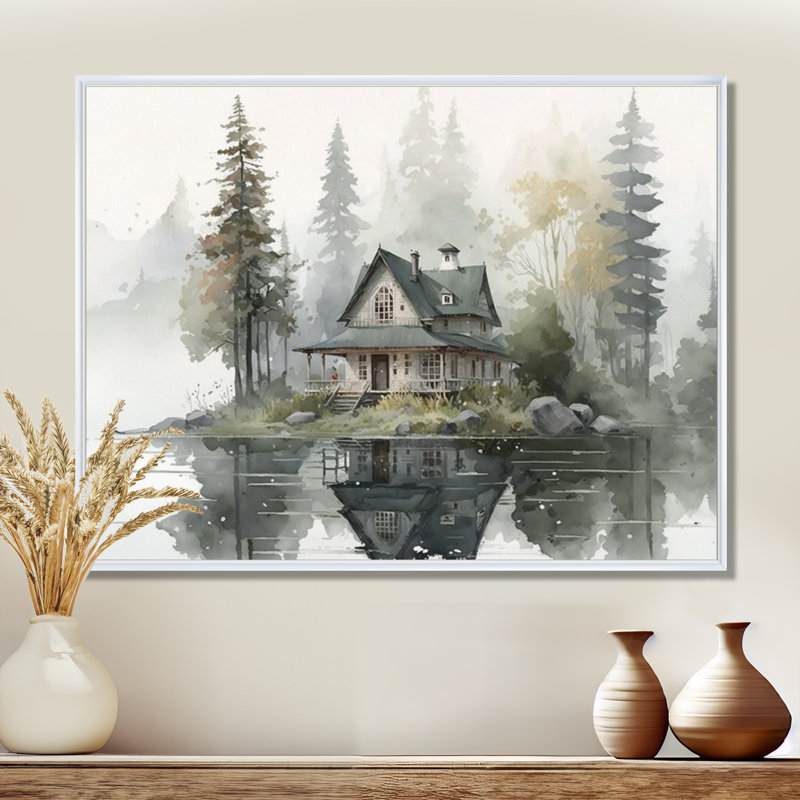 Maison de campagne au bord du lac II, H 12 po x l 20 po x P 1 po, Cadre flottant blanc