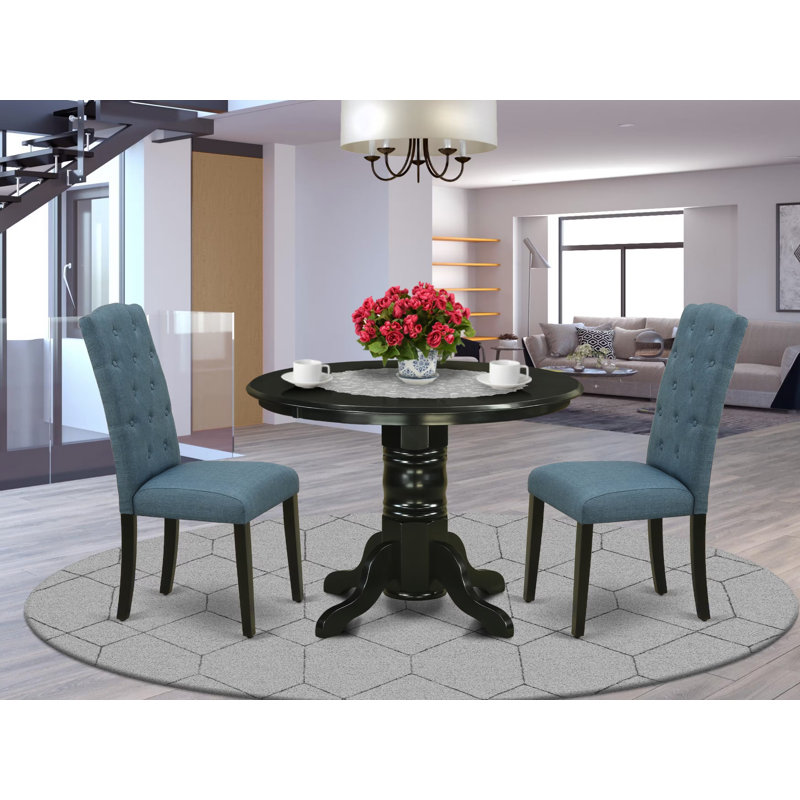 3 Piece Modern Dining Table Set Contains a Round Kitchen Table with Pedestal and 2 Mineral Blue Linen Fabric Parson Dining Chairs, Black