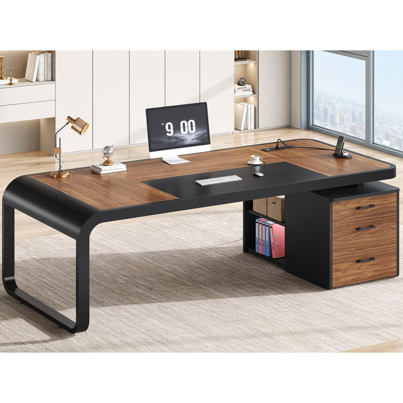 70.9" Executive Desk Large Computer Desk With Drawers And Lateral File Cabinet, Gray
