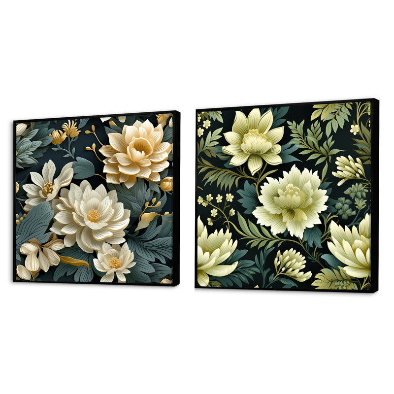 Caledon - Ensemble de 2 collages carrés floraux, Cadre flottant noir, H 16 po x l 33 po