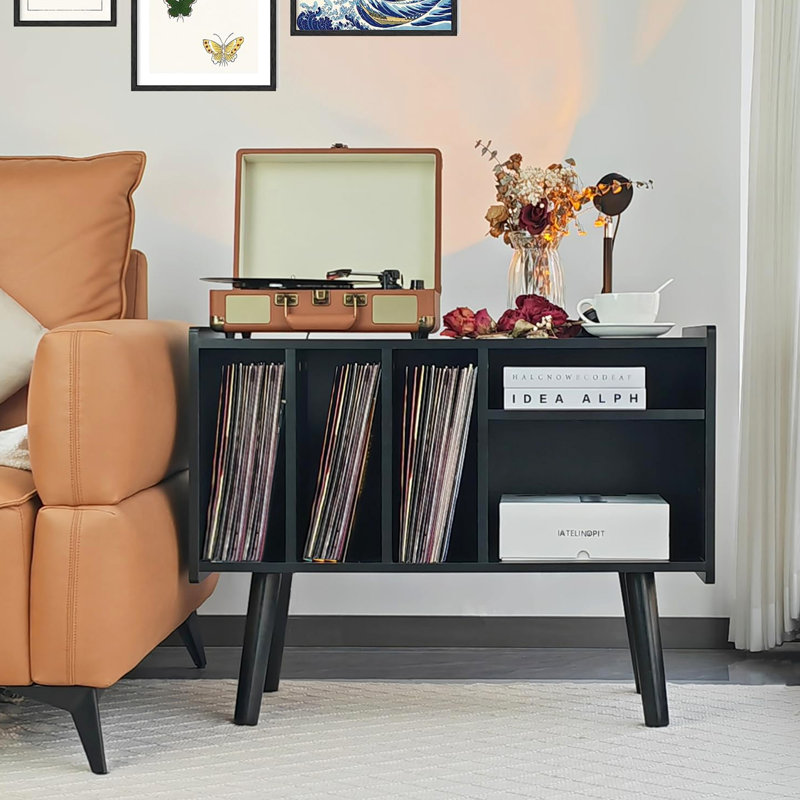 Record Player Stand with Vinyl Storage Holds Up to 300lb, Black