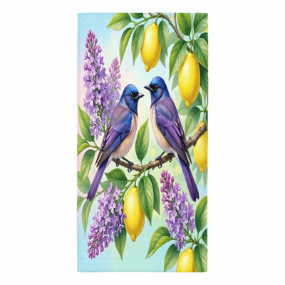 1Pcs Charming Bluebirds with Lemons and Lilacs Beach Towel, Vivid Watercolor Artwork for Summer, Poolside, Travel, Outdoor Activities, Home Decor