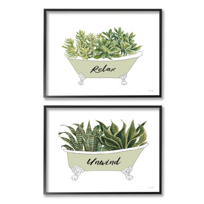 «Relax Unwind House Plants Succulents», baignoire sur pattes par Cindy Jacobs - ensemble de 2 impressions sur bois avec cadre flottant